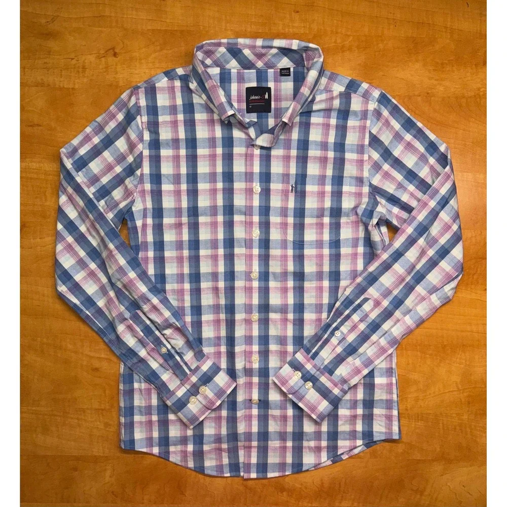 Johnnie-O Boys Performance Plaid Button Down Shirt Blue Purple Size 12